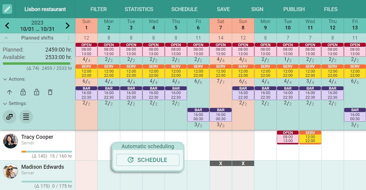 OPTAS scheduling software automatically assigns shifts to restaurant employees
